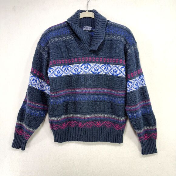 Vintage Lands End Sweater Women S Blue Fair Isle Shetland Wool Scotland 90s - Picture 1 of 13